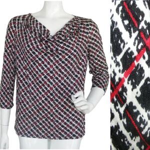 TALBOTS Tunic/Blouse, M, Drape Neck 3/4 Sleeves, Black/Red/White